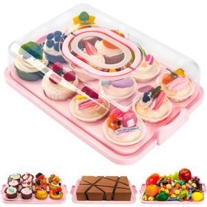 NPLUX Cupcake Containers with Lid Rectangular Cake Carrier 3-in-1 Multipurpose Cupcake Holder for Muffins Pies Sweets Pastries Fruit or Snacks(Pink, 13" x 9" x 4")