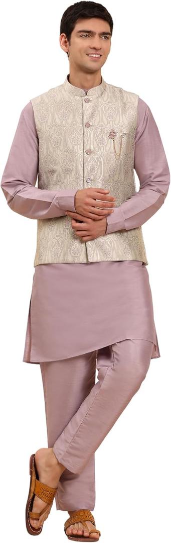 Pro-Ethic Style Developer Mens Indian Traditional Cotton Kurta Set With Jacquard Silk Jacket (Waistcoat) For Men Size 46