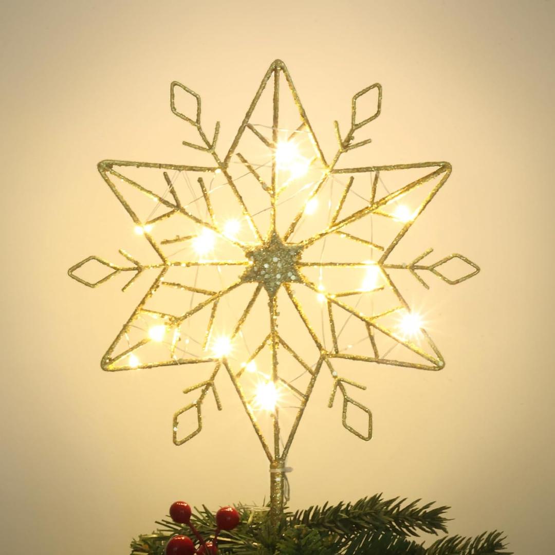 hogardeck Christmas Tree Topper, 10 Inches Lighted Gold Snow Tree Topper, 20 LED Lights Gold Glitter Powder Snowflake Tree Toppers Christmas Decorations, Battery Powered Timer Xmas Treetop Star Decor