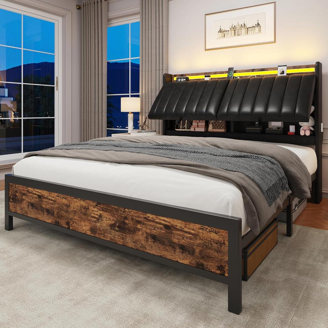 Queen Size Bed Frame with Adjustable Backrest Hidden Storage Headboard, PU Leather Upholstered Queen Bed Frame with Charging Station and LED Lights, Heavy Duty, No Box Spring Needed, Black&Brown