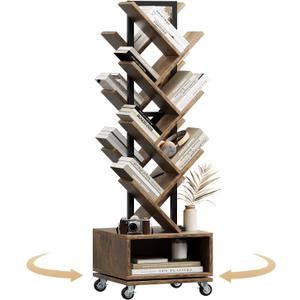 49" Rotating Tree Bookshelf, 7 Tier Double Sided Shelf, Wood Corner Bookshelf with Wheels, 360 Display Spinning Bookcase Storage Rack, Ideal for Small Rooms, Easy Assembly, Rustic Brown