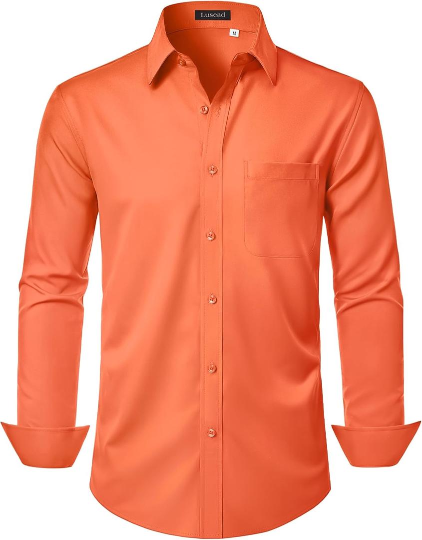 Men's Dress Shirts Long Sleeve Stretch Regular Fit Casual Formal Wedding Wrinkle Free Button Down Shirt with Pocket (Large, Orange)
