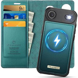 Wallet Case for iPhone Air Compatible with Magsafe, 2-in-1 PU Leather Flip RFID Blocking Card Holder Stand Shockproof Magnetic Detachable Cover for iPhone 17 Air Case 6.5", Bluegreen