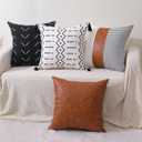 Boho Pillow Covers 18 * 18 Inch Set of 4 Modern Neutral Striped Geometric Faux Leather Farmhouse Pillow Covers for Sofa, Bed, Home Decor (Multi 4pc)