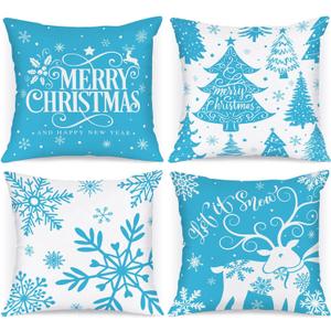 Lanpn White and Blue 18x18 Christmas Pillow Covers Set of 4, Decorative 18 Inch Winter Snowflake Throw Pillow Case Xmas Cushion Cover for Indoor Home Sofa Light Blue