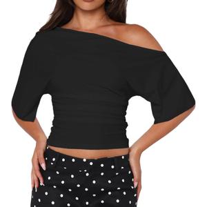 YFANG Women's Off Shoulder Short Sleeve Crop top Ruched Asymmetrical Y2K Going Out T Shirt (XS)