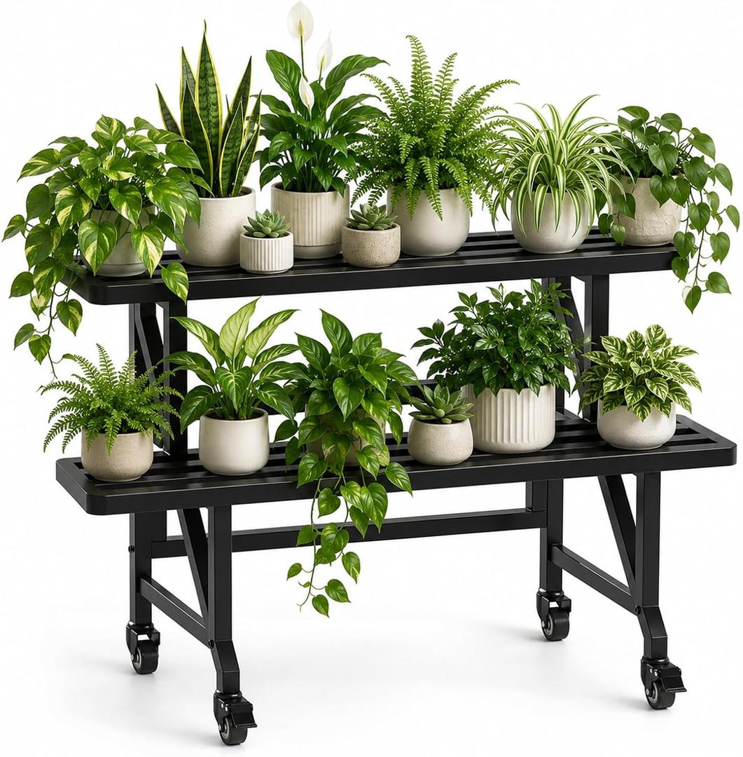 Metal Plant Stand with Wheels, 35.43" Wide 2-Tier Flower Pot Rack