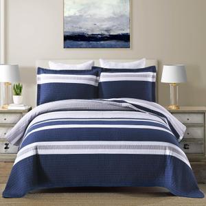 Finlonte 100% Cotton King Size Quilt, Navy Blue Striped Lightweight Bedding Sets for All Season, 3 Pieces (king(98"x106")) Finlonte 100% Cotton King Size Quilt, Navy Blue Striped Lightweight Bedding Sets for All Season, 3 Pieces (king(98"x106"))