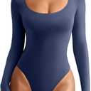 REORIA Women's Sexy Basic Sexy Scoop Long Sleeve Double Lined Layering Slim Bodysuit Tops