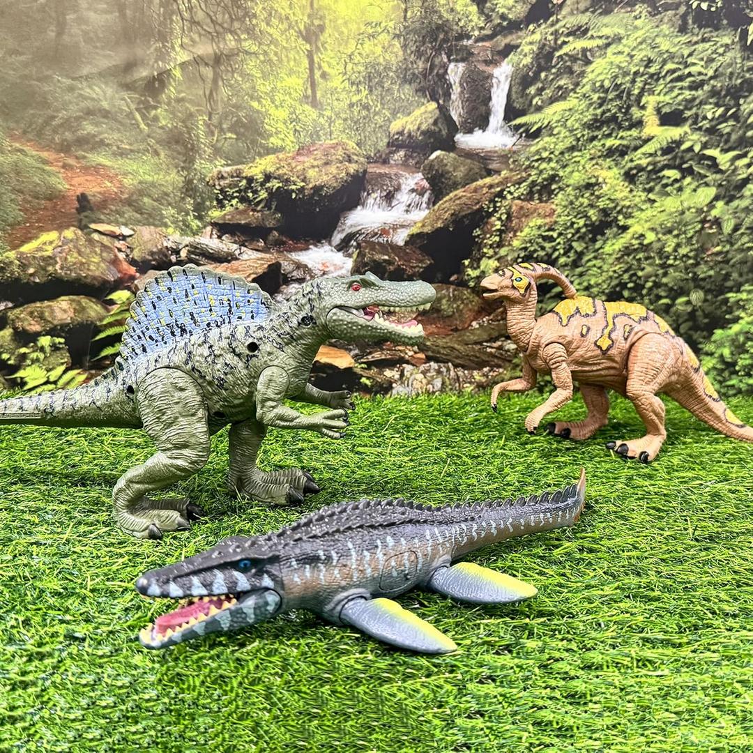 EKU Dinosaur Toys Chomp Action Mosasaurus Spinosaurus Toy, Movable Head Attack Motion Parasaurolophus Realistic Dino Action Figures for Kids Jurassic World Toys Ages 3-12 Boys Girls