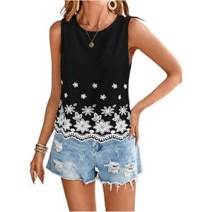 SweatyRocks Women's Eyelet Tops Sleeveless Boho Floral Embroidery Casual Summer Vacation Tank Top Black X-Small