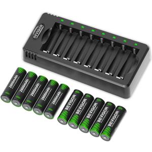 BEVIGOR Rechargeable AA Batteries with Charger, 10 Pack 2800mAh High Capacity Ni-MH Double A Batteries with Smart 8 Bay Smart Battery Charger, USB Fast Charging
