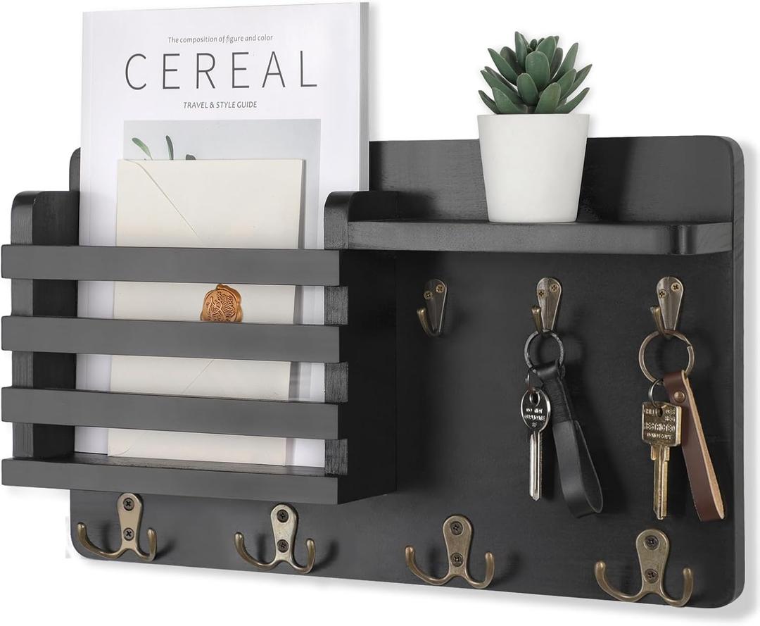 Nekon Mail Holder for Wall Mail Organizer with Key Hooks Hallway Farmhouse Decor Storage Racks with Floating Shelf and Flush Mount Hardware (16.8Inch x 10Inch x 3.2Inch) (Black)