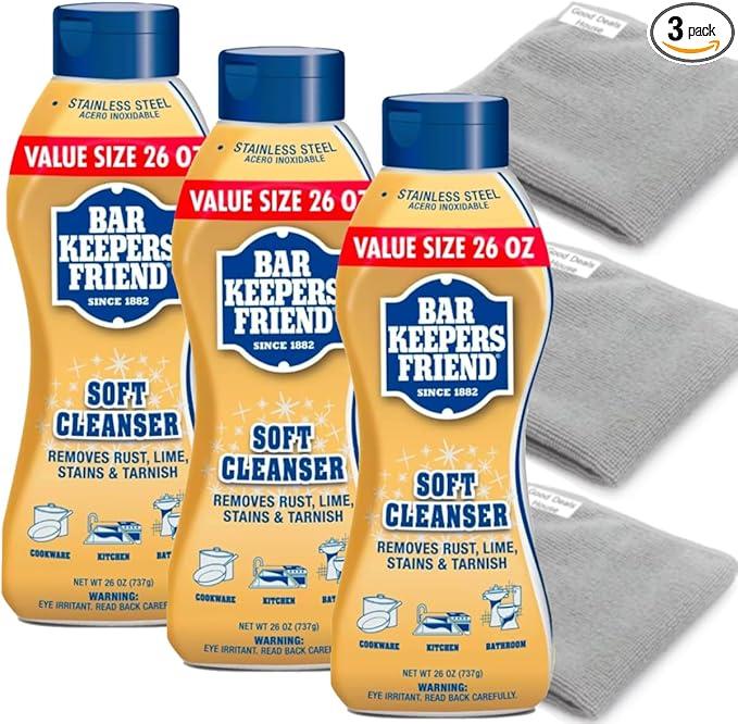 Cleaning Bundle: Bar-Keeper’s-Friend Soft Cleanser 26 oz - 3 packs + 3 Microfiber Cleaning Cloth 16x12