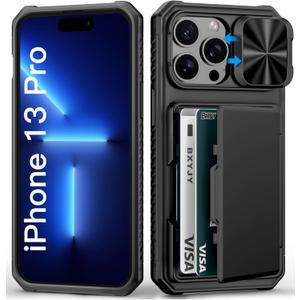 for iPhone 13 Pro Case Wallet, Card Holder (4-5 Cards), Slide Camera Cover, Military Drop Protection, RFID Block, Rugged Heavy Duty Men Women Shockproof Phone Case for iPhone 13 Pro, Black