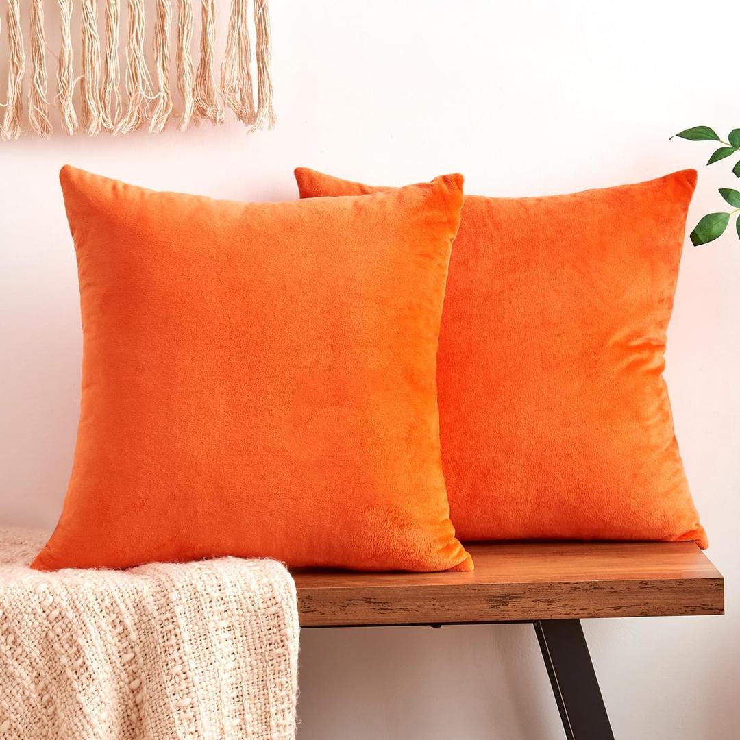 Fall Orange Throw Pillow Covers Decorative Velvet Set of 2 12×12 Inch Pillow Covers, Soft Burnt Orange Pillowcases for Couch Sofa Bed Living Room, Farmhouse Boho Decor, Accent Cushion Covers