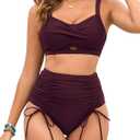 ZAFUL Women's High Waisted Bikini Sets Two Piece Swimsuit Push Up Twist Front Drawstring Ruched Bathing Suits (Wine Red, Medium)