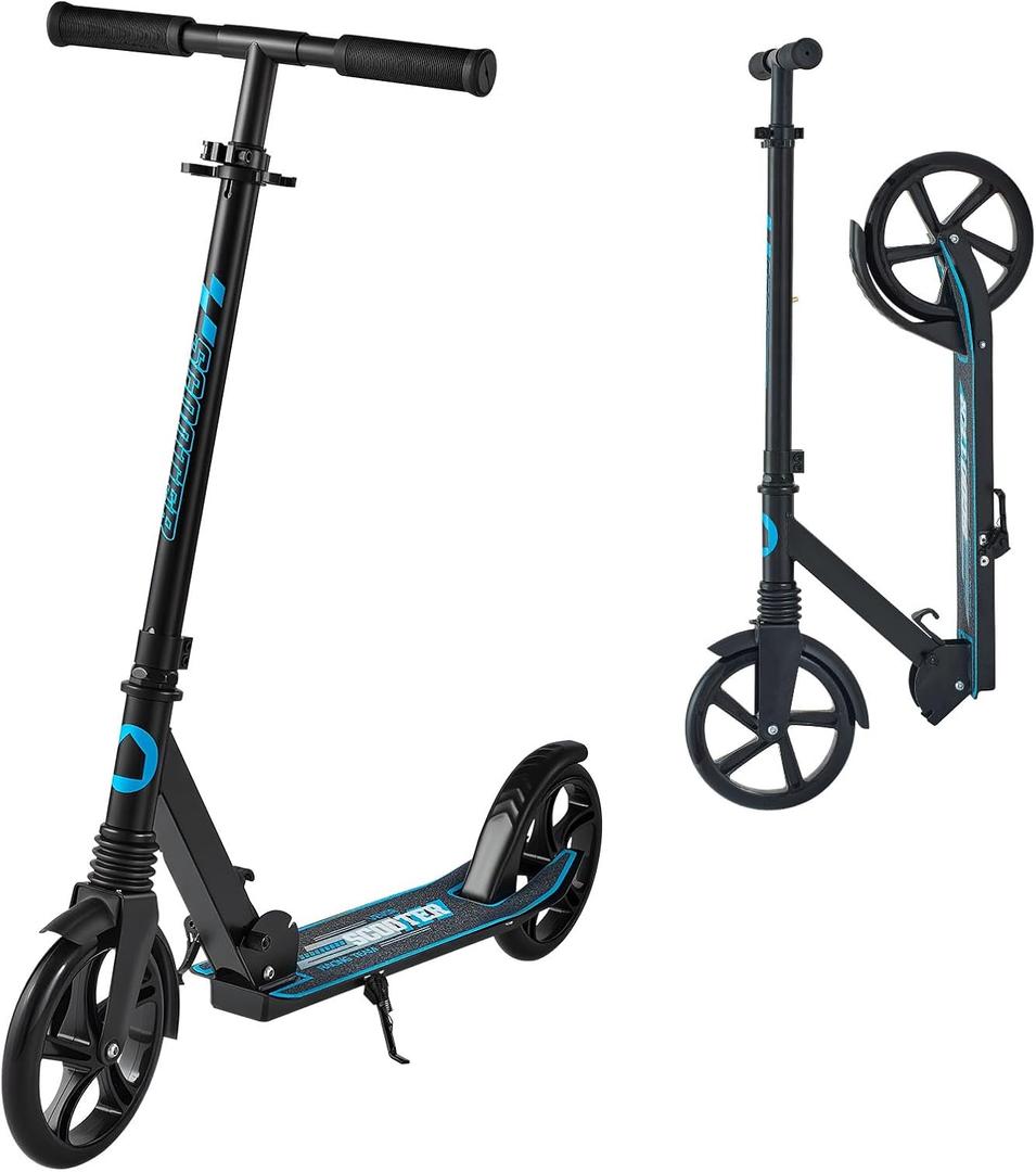 VEVOR Kick Scooter for Kids, Teens & Adults, 2-Wheel Adjustable Height Folding Scooter with Anti-Slip Deck & Light-Up Wheels, Supports 110 lbs & 220 lbs, Blue & Black Colors