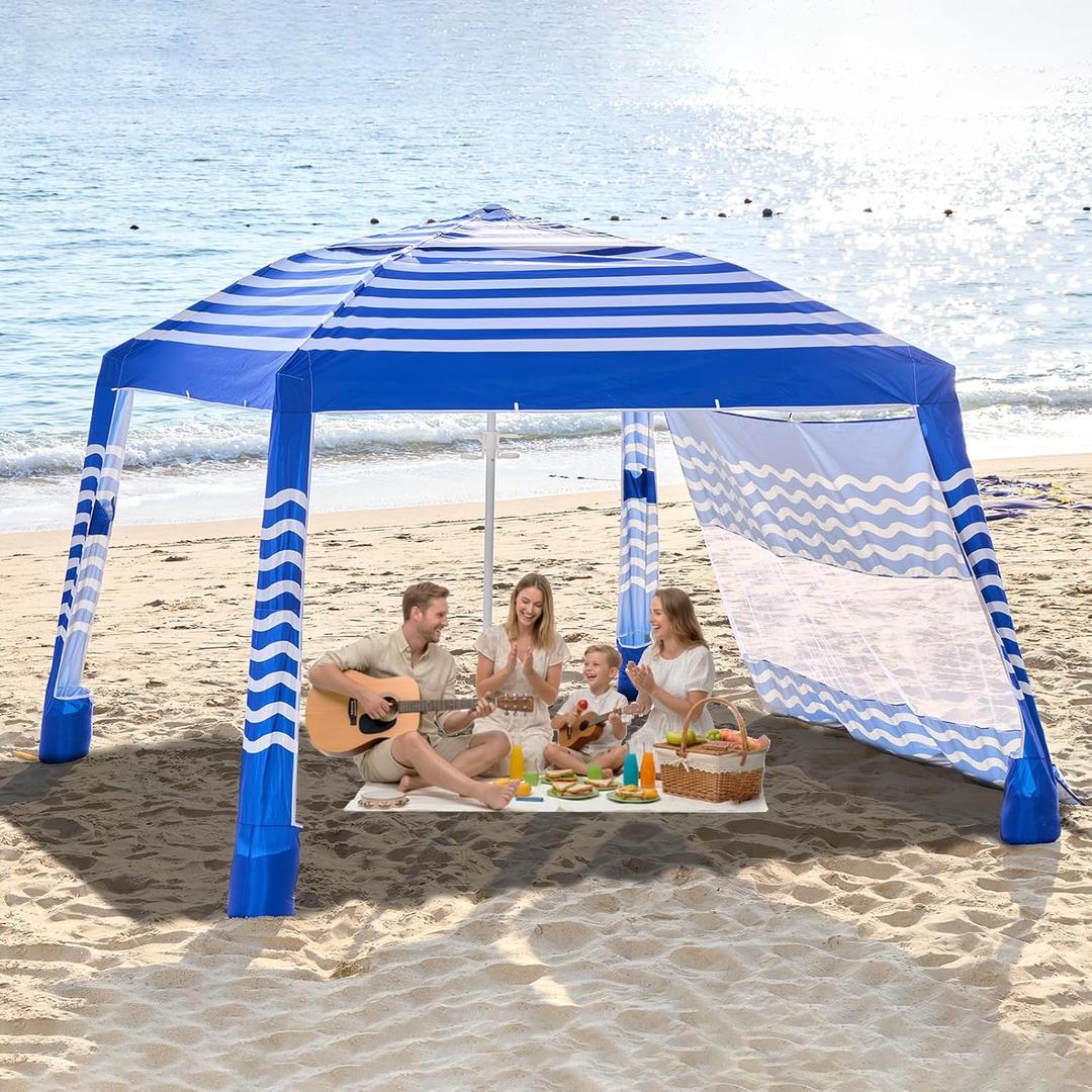 Beach Cabana 8'8', Portable Beach Canopy Easy Pop Up, Tent Sun Shelter With Side Wall with Silver Coated Fabric for Family, Wind Resistant (Deep Blue