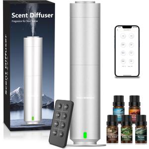 Waterless Scent Diffuser Kit, Includes 5 Premium Oils, 2000 Sq.Ft Coverage, Hotel Collection Scent Diffuser for Home, Studio, Essential Oil Diffuser Large Room, Remote & APP Control - Silver