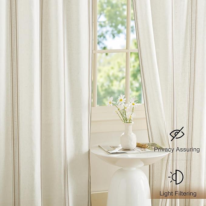 NICETOWN Farmhouse Linen Curtains for Bedroom, French Grey Stripes, Privacy Light Filtering Drapes Rod Pocket Back Tab, Boho Chic Curtains for Living Room, 1 Pair, 52W x 84L