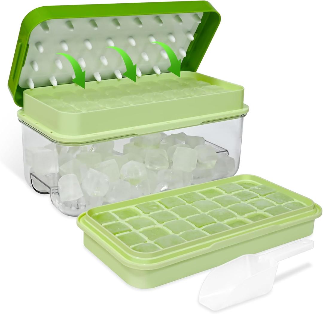 Ice Trays for Freezer with Lid & Bin, Ice Cube Tray Making 64 pcs Ice Cubes, Easy Press to Release Ice, Ice Tray with Storage Bin Chilling Cocktail Whiskey Coffee 2 Trays 1 Ice Bucket & Scoop (Green)