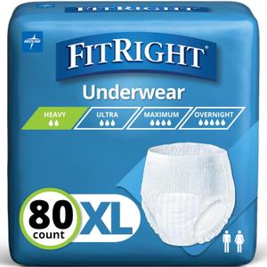 FitRight Extra Protective Unisex Underwear, X-Large (56-68 Inch Waist), Moderate Absorbency, Dependable Comfort & Leakage Protection, 80 Count (4 Packs of 20)