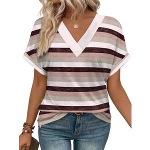 WIHOLL Womens Summer Tops Short Dolman Sleeve Shirts 2025 Fashion V Neck Outfits Clothes (XX-Large, 3-black Stripes)