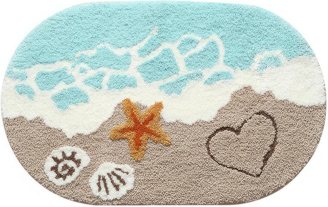 Beach-Themed Ultra-Thick Bath Mat, Wave Sand Shell Bathroom Rugs with Non-Slip Backing, Absorbent Microfiber Starfish Bath Rug, Machine Washable Bath Mats for Home Decor 16 x 24 Inch (Blue1)