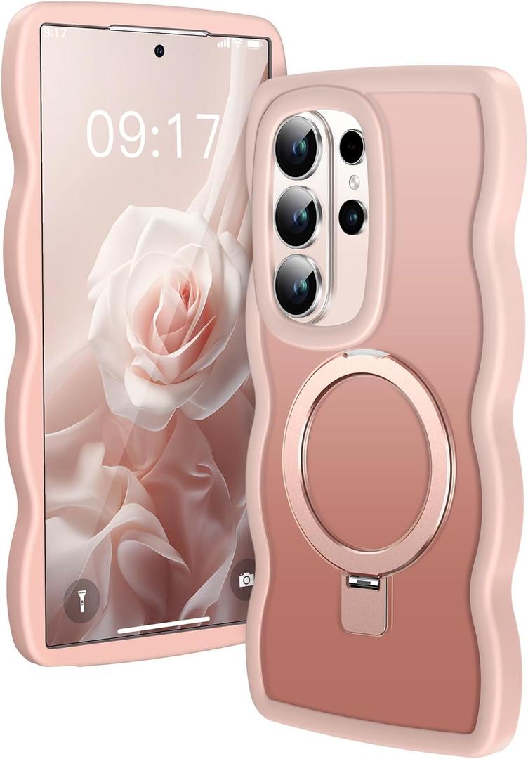 [Magnetic Stand & Cute Wave Frame]Case for Samsung Galaxy S26 Ultra [Fit for MagSafe]MIL-Grade Drop Protection Non Yellowing Matte Translucent Back Phone Case Cover for Galaxy S26 Ultra, Pink