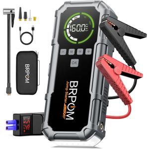 Jump Starter with Air Compressor, BRPOM 8000A Portable Car Jump Starter (All Petrol/12L Diesel), 160PSI 12V Battery Jump Starter Power Pack with Jump Clamps, LCD Screen, 600 Lumens Emergency Light