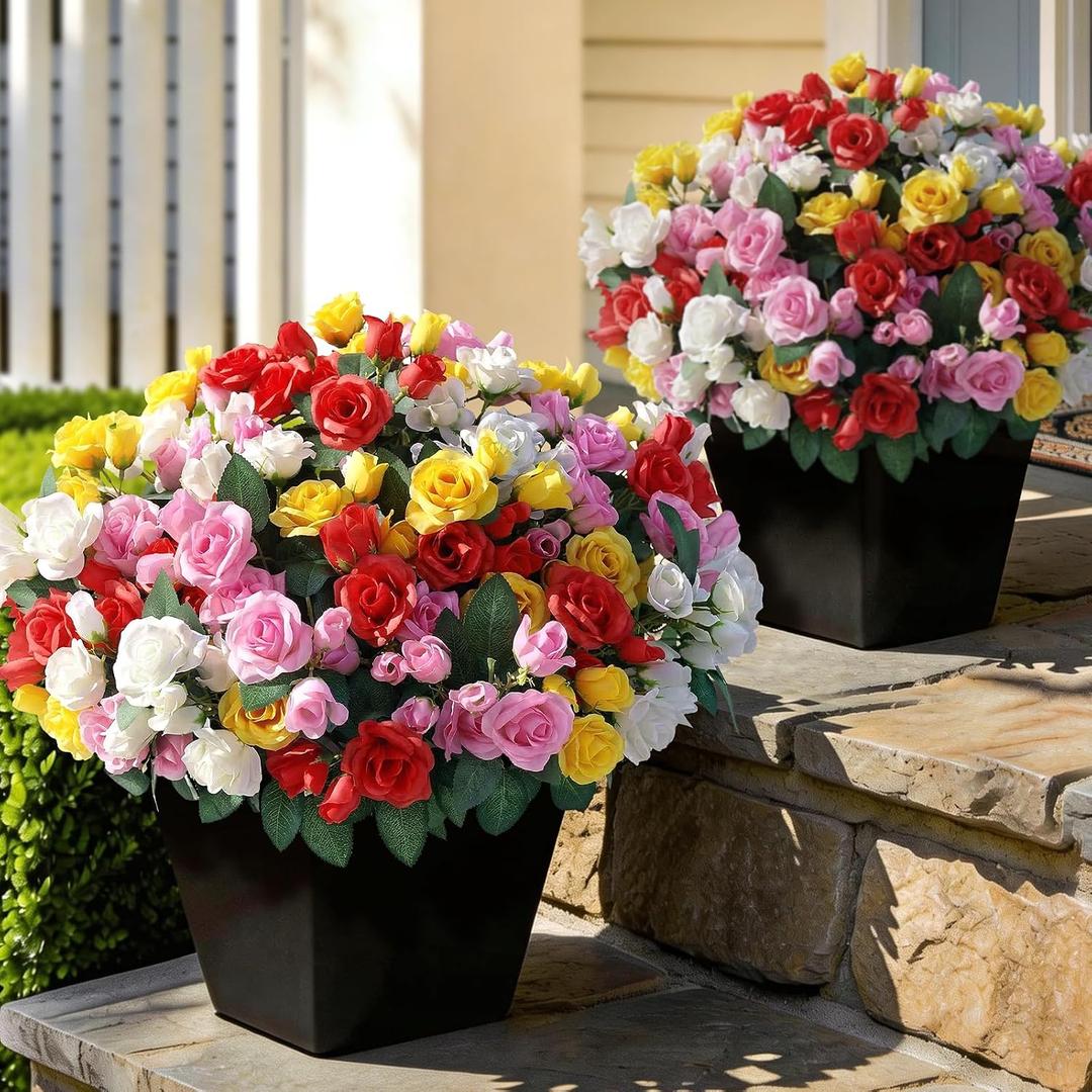 8 Bundles Artificial Roses for Front Door Outdoor Decor, Realistic Fake Silk Bouquets Flowers Faux UV Resistant Real Looking Rose Plants for Garden Farmhouse Home Spring Summer Decor (Mixed Color)