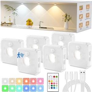 GBEAST 6 Pack Under Cabinet Lighting, Puck Lights with Remote,Motion Sensor Light Indoor,3 Color Temps & 9 RGB Colors Dimmable Closet Light,Rechargeable Under Counter Lights for Kitchen,Bedroom,Shelf