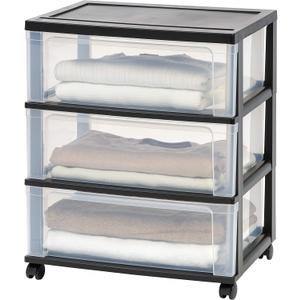 IRIS USA Plastic Drawer Storage Organizer Rolling Cart, with Wheels Casters, 3-Drawers, for Art Craft Supplies Dresser Closet Bathroom Dorm Bedroom Laundry Room, Wide, Black