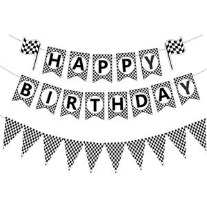 2 x Race Car Birthday Banner,Black and White Checkered Pennant Banner,Racing Car Themed Birthday Party Decor Supplies for Boys Men