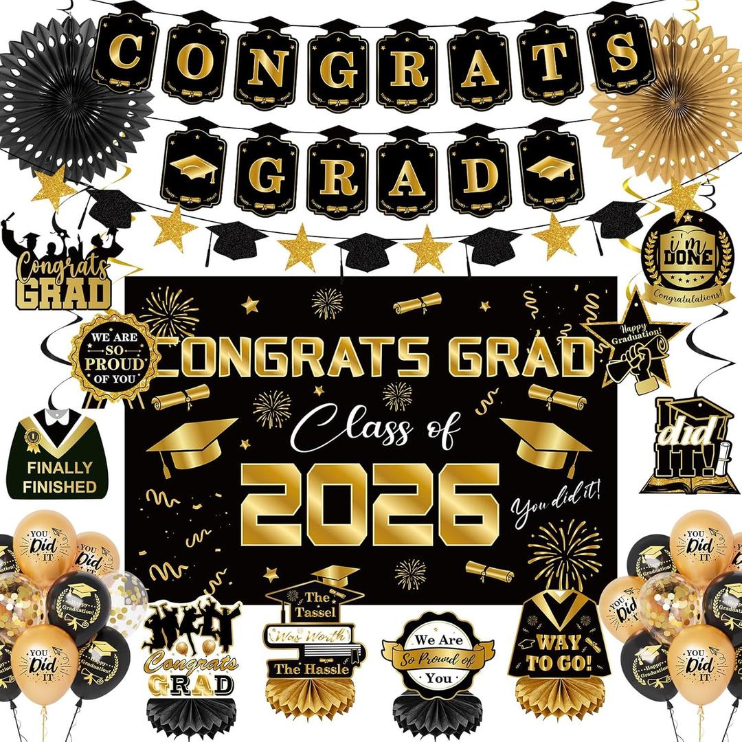 Graduation Decorations 2026 Black and Gold Party Decor Includes Congrats Grad Banner, Class of 2026 Backdrop, Paper Fan Honeycomb Centerpieces Balloons Complete Party Supplies for College High School