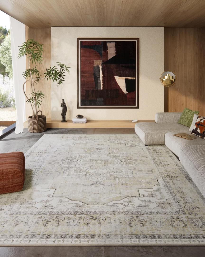 8x10 Area Rugs Washable Rug: Large Living Room Rug Stain Resistant Distressed Vintage Boho Rug Non Slip Low Pile Faux Wool Soft Area Rug for Bedroom Bedside Indoor Farmhouse Kids Playroom Dining Room (Beige White and Black)