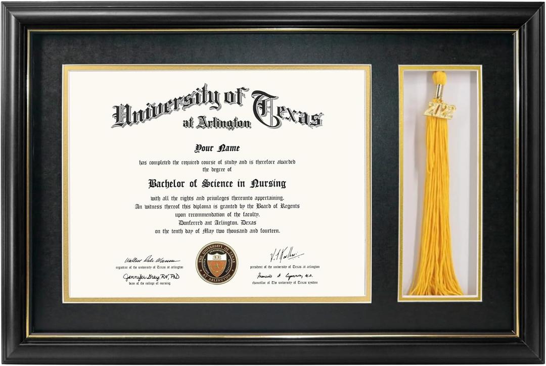 GraduationMall 11x17 Black Wood Diploma Frame with Tassel Holder for 8.5x11 Certificate Document,Real Glass,Black over Gold Mat