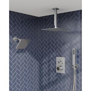 Shower Faucet Set with Handheld Spray, Brushed Nickel | 12" Ceiling Mount SUS304 Rainfall Shower Head System, 6" Side Head, 3-Function Thermostatic Valve Trim Kit, All Metal