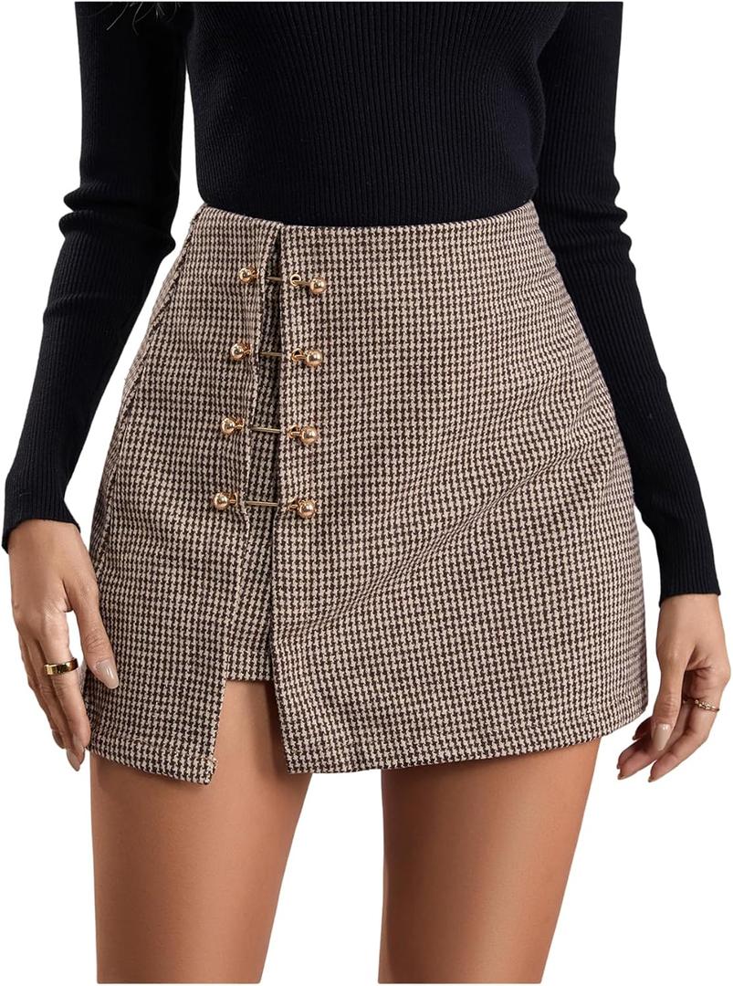 WDIRARA Women's Side Slit Metallic Trim High Waisted Faux Leather Short Skirts (Medium, Brown Plaid)