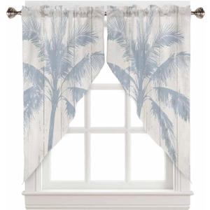 Swag Valances Curtains for Window, Vintage Summer Blue Coconut Tree Wood Grain Swag Curtains Rod Pocket Window Curtain for Kitchen Bedroom Living Room Bathroom, 28"x36" 2 Panel