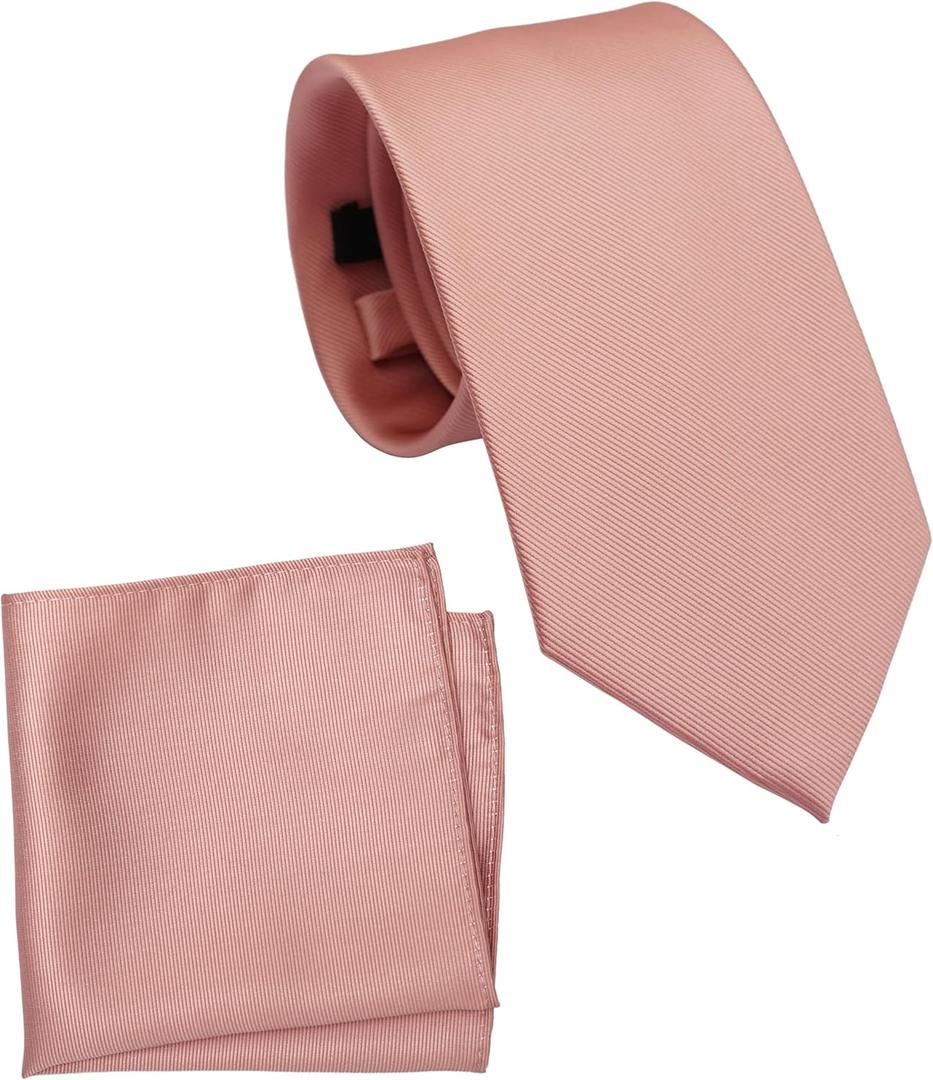 Regular Tie and Pocket Square for Men, Solid Color Necktie Set, 3.2 inch Standard Width (33 Rose Gold)
