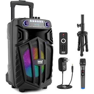 Pyle 680W Portable Bluetooth PA Speaker - 10" Rechargeable Outdoor Karaoke Speaker, Audio System w/Wireless Mic and Wheels, TWS, Lights, LED Display, 6.5mm Mic Input, FM/AUX/MP3/USB/SD