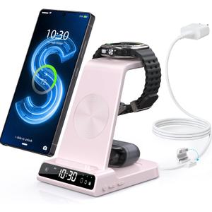 Wireless Charger for Samsung Charging Station with Clock for Samsung Galaxy S25 Ultra/S24 Ultra/Z Flip 7/Z Fold 6/Galaxy Bud, 3 in 1 Charger Station Watch Charger for Galaxy Watch 8/7/6/5Pro(Pink)