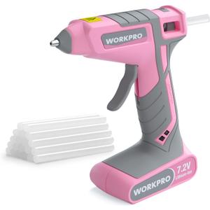 WORKPRO Pink Cordless Hot Melt Glue Gun, 7.2V Rechargeable Fast Preheating Glue Gun Kit with 20 Pc Premium Mini Glue Stick, Automatic-Power-Off Hot Glue Gun for Art, Craft, Decoration - Pink Ribbon