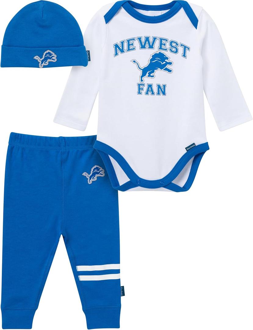 Gerber NFL Team Baby Boys' 3-Piece Onesie Bodysuit, Active Pant and Cap Set, Lions, 0-3 Months