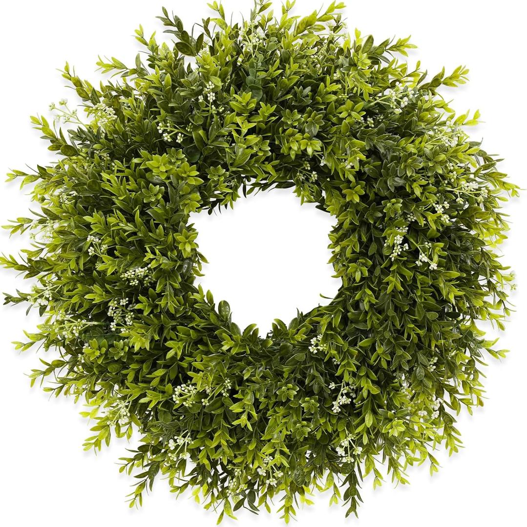 28'' Large Boxwood Wreath for Front Door Porch Window Artificial Boxwood Leaves with White Seed Greenery Outdoor Indoor Wreath for Home Farmhouse Wall Decor Spring Summer Fall All Seasons (Green)