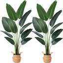 Artificial Bird of Paradise Plants 5Ft Fake Tropical Palm Tree with 10 Trunks in Pot and Woven Seagrass Belly Basket Perfect Faux Plant for Home Indoor Outdoor Office Modern Decor Green 2 Pc