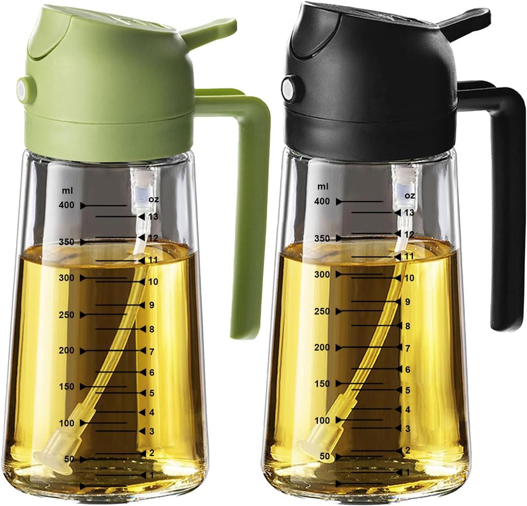 TrendPlain 16oz/470ml Glass Olive Oil Sprayer for Cooking  2 in 1 Olive Oil Dispenser Bottle for Kitchen Gadgets and Air Fryer Accessories, Salad, BBQ - Black & Green