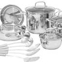 Amazon Basics Stainless Steel Cookware 15-Piece Set, Oven Safe, Induction-Ready, Even Heating, Easy to Clean, Stay-Cool Handles, Pots and Pans, Silver